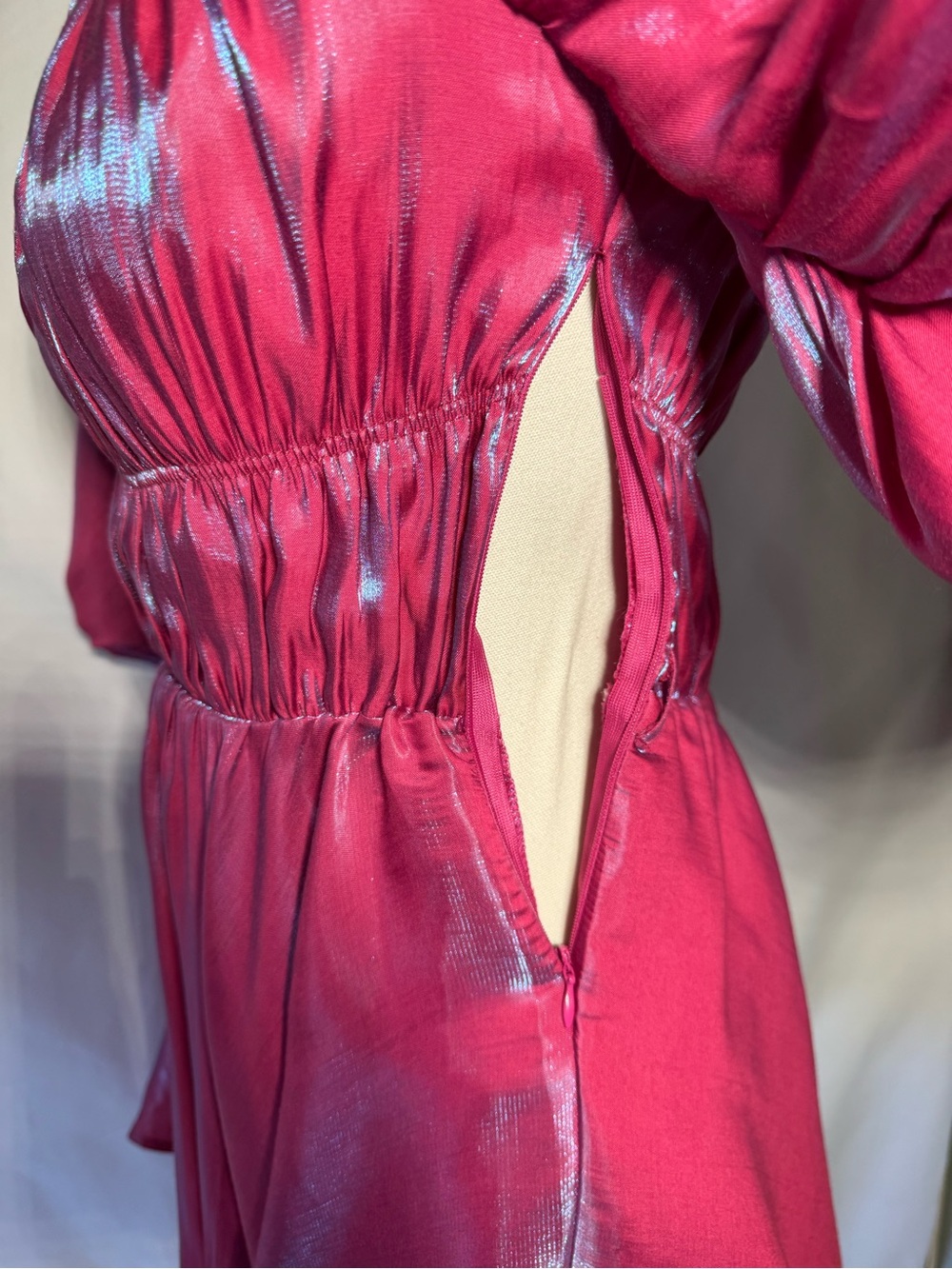 Altar'd State Shimmery Raspberry Off-Shoulder Puff-Sleeve Dress - Picture 3 of 10